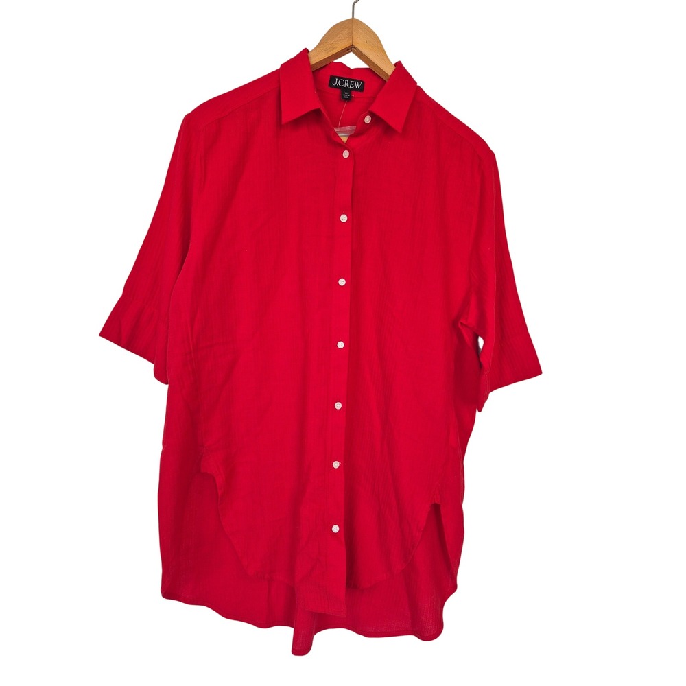 J.Crew Red Cotton Gauze Short Sleeve Button Down Shirt XS Oversized Beach cover